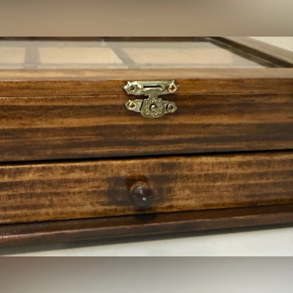 Wooden Brown Glass Jewelry Watch Box With Shelf Organizer